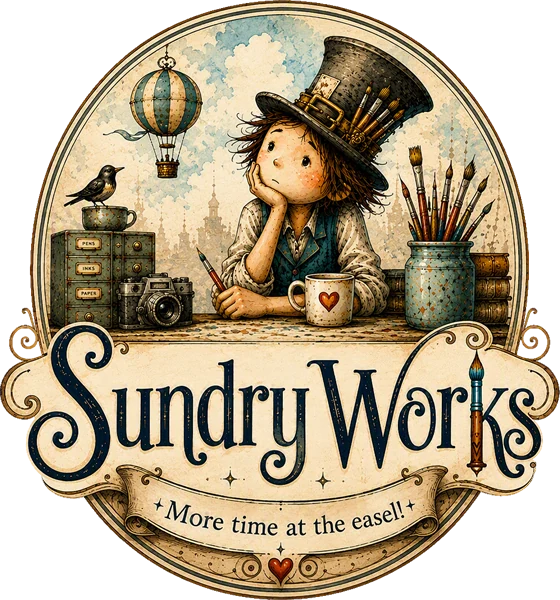 A painter in a top hat full of brushes, at a desk of jars, books and a camera