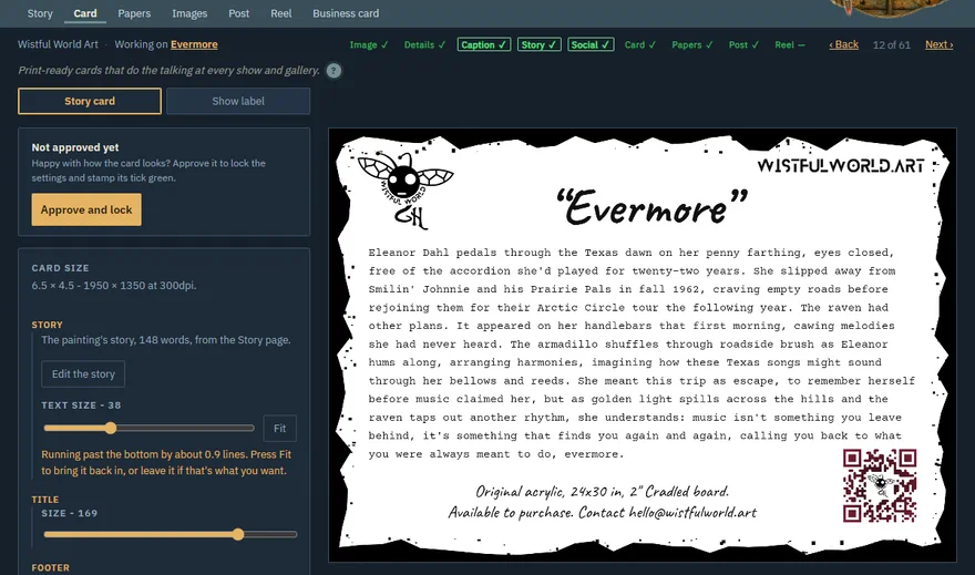 The Card tab: Evermore's story card beside its size and text settings