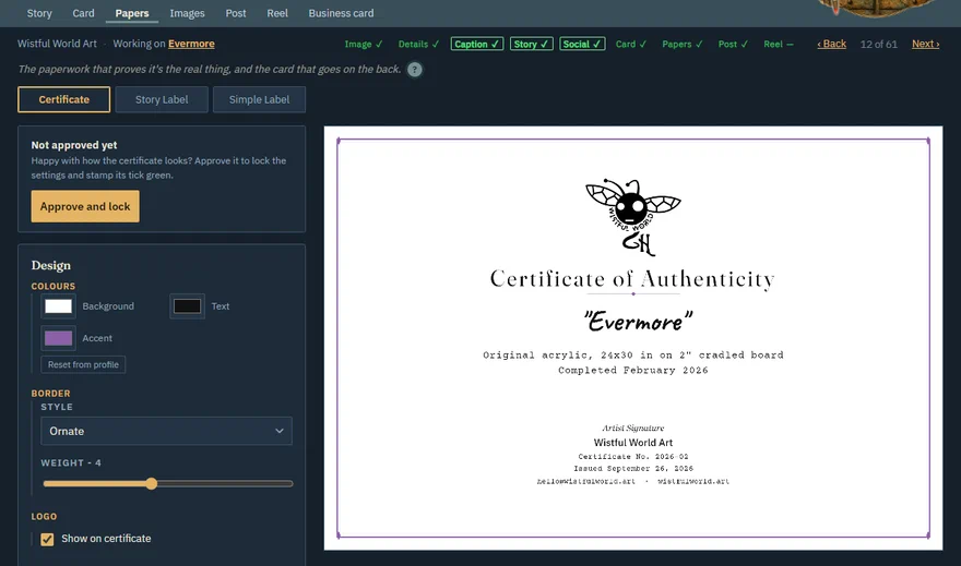 The Papers tab: Evermore's certificate of authenticity beside its design settings