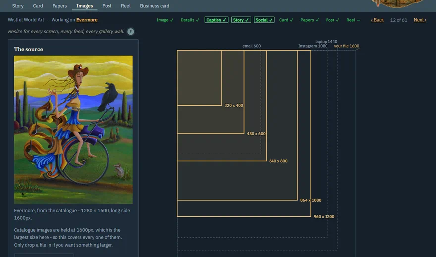 The Images tab: every web size of Evermore drawn to scale, one inside the next, against the size of the file itself
