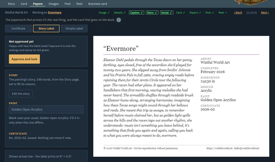 The Papers tab: Evermore's story label - the story and the facts, for the back of the card