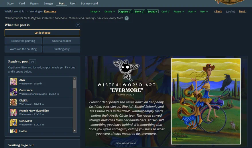 The Post tab: Evermore's full post - the painting on its branded card with the story down it - and the paintings ready to post