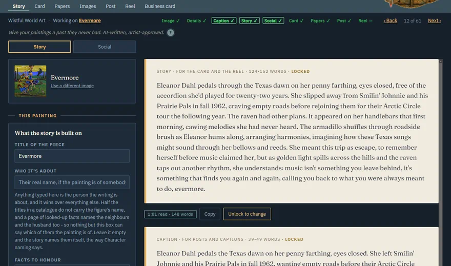 The Story tab: Evermore's story, written once and drawn on by everything else