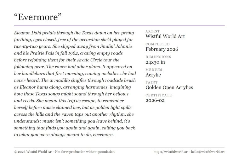 The back label for the painting, with its story and details