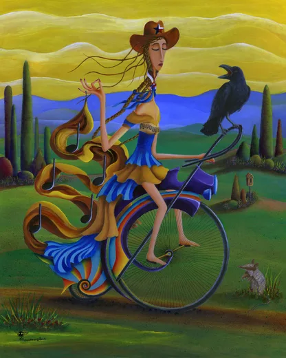 Evermore: a woman rides a penny farthing through a Texas dawn, a raven on the handlebars